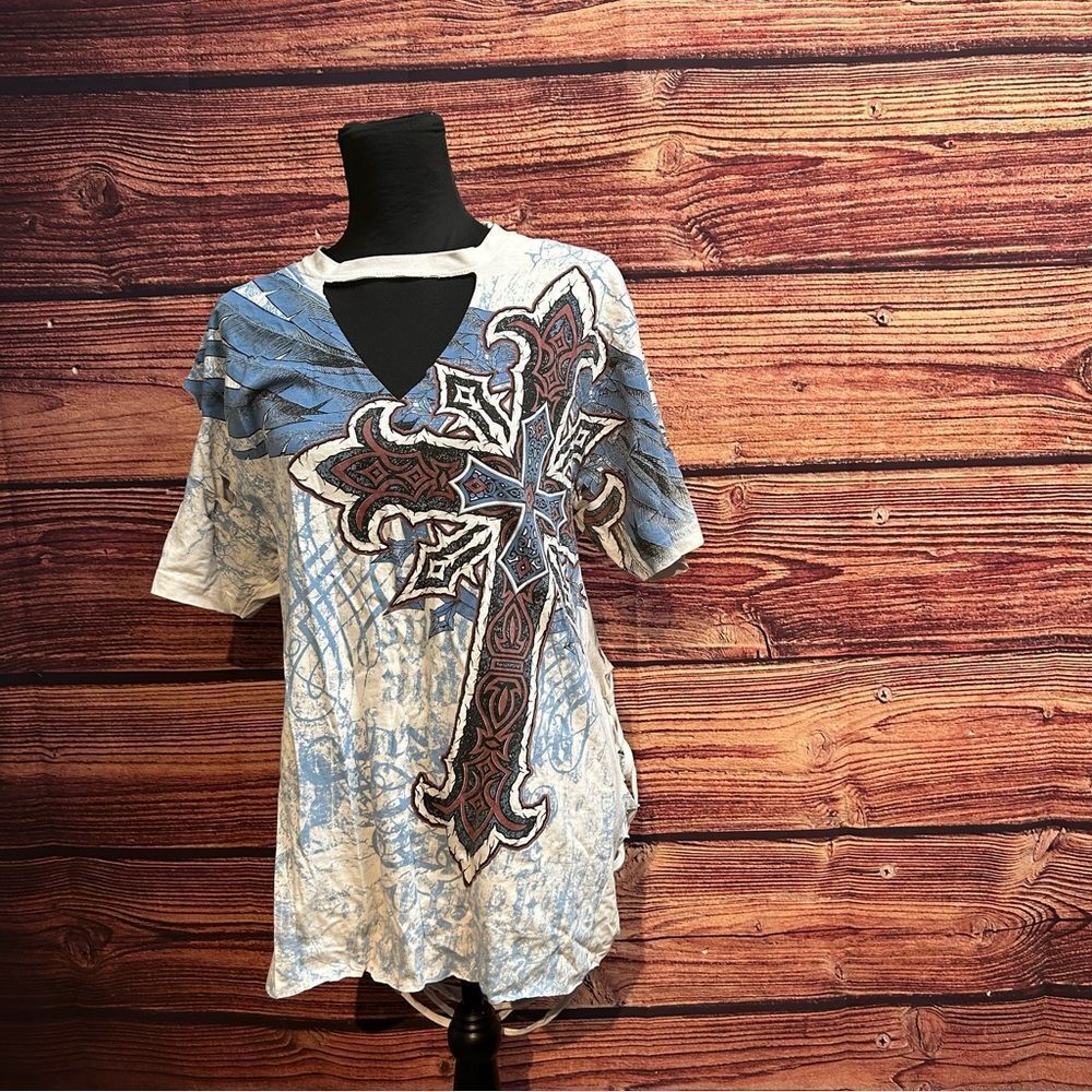 Women's X Large White Cross Shirt Top Blouse Customized Shredded Back V Neck